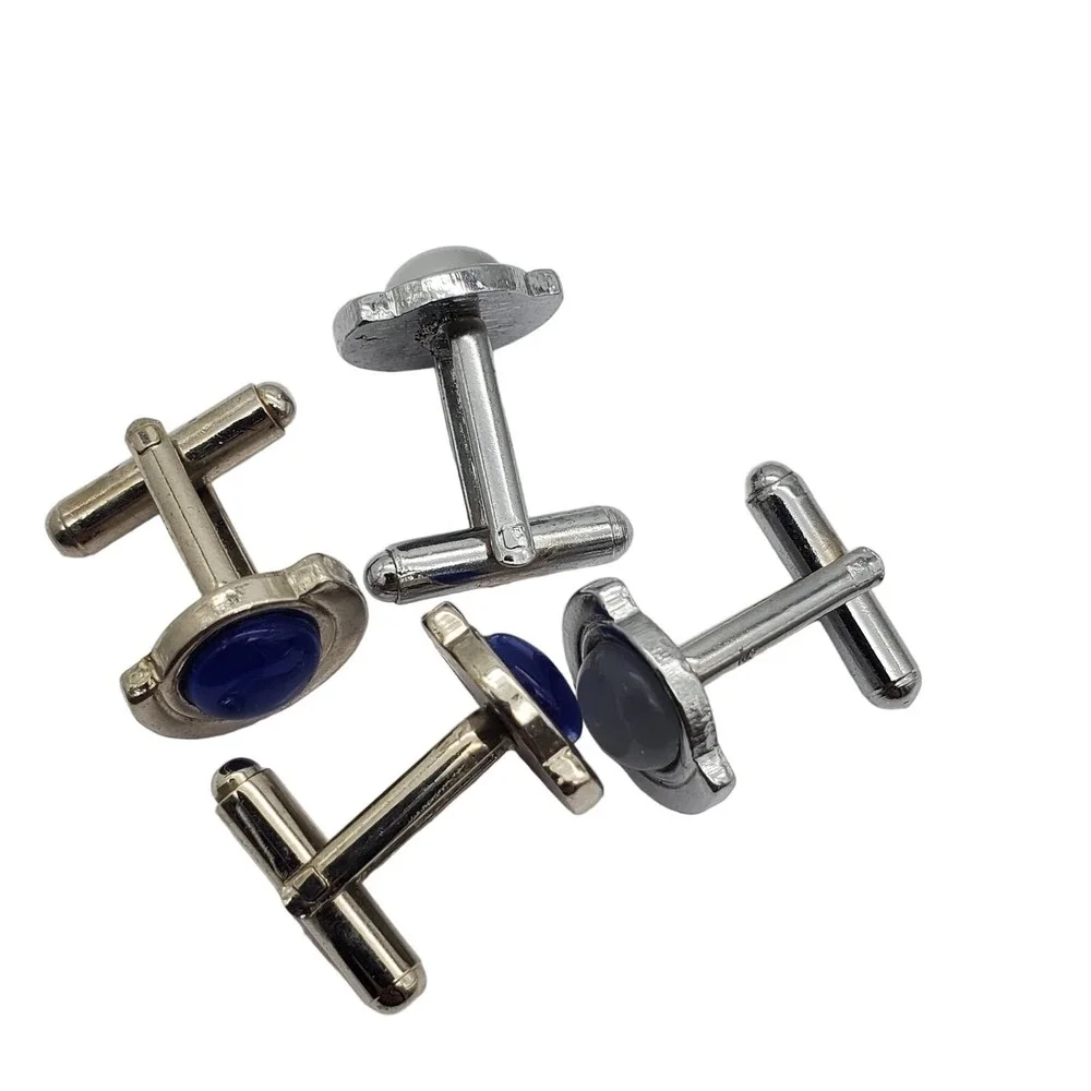 Faux Moonstone Silver Tone Cufflinks Blue Deco Style Suit Accessory Vintage Pair